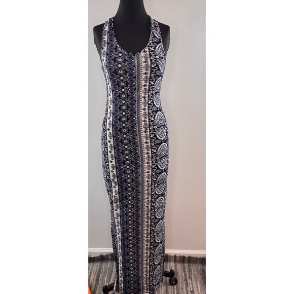 Hot Kiss Navy White Maxi Tank Dress Paisley Stretch Scoop Neck Size Medium M - Picture 1 of 4